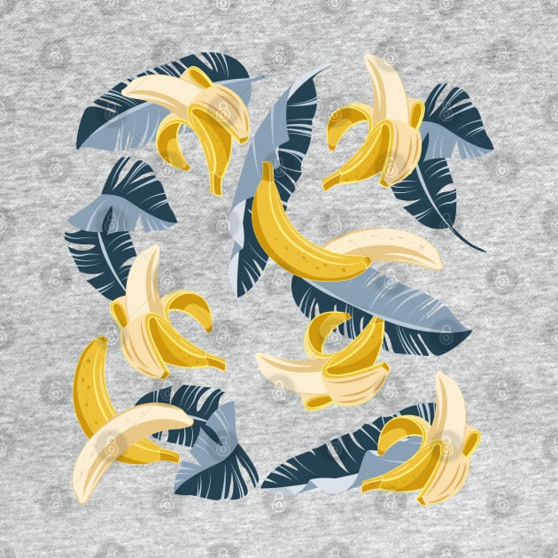 In the shade of banana tree // print // white background dark pastel and navy blue leaves by SelmaCardoso